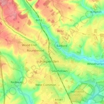 Mapa topográfico Harpenden, altitud, relieve