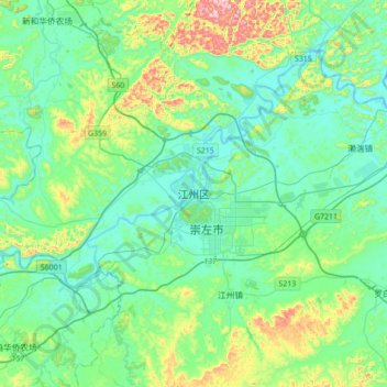 Mapa topográfico Jiangzhou, altitud, relieve