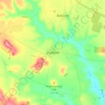Mapa topográfico Shutford, altitud, relieve