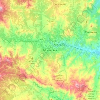 Mapa topográfico Mbombela, altitud, relieve