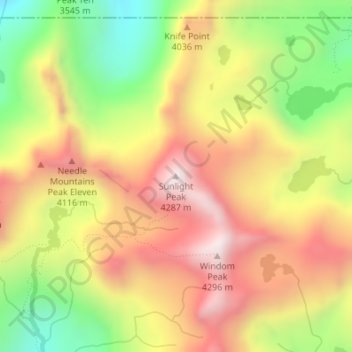 Mapa topográfico Sunlight Peak, altitud, relieve