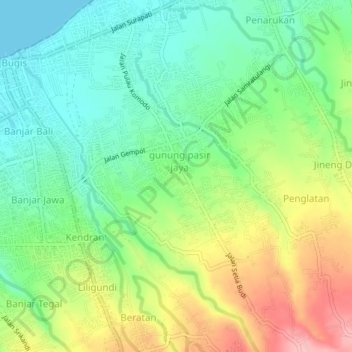 Mapa topográfico Banyuning, altitud, relieve