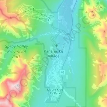 Mapa topográfico Kananaskis Village, altitud, relieve