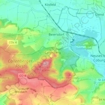 Mapa topográfico Callenberg, altitud, relieve