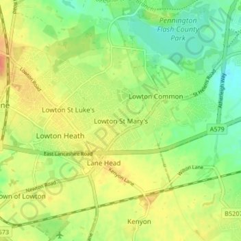 Mapa topográfico Lowton St Mary's, altitud, relieve