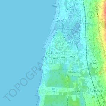 Mapa topográfico Praia de Esmoriz, altitud, relieve