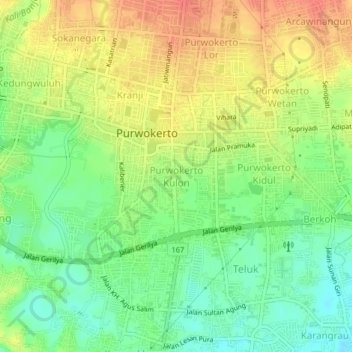 Mapa topográfico Purwokerto Kulon, altitud, relieve
