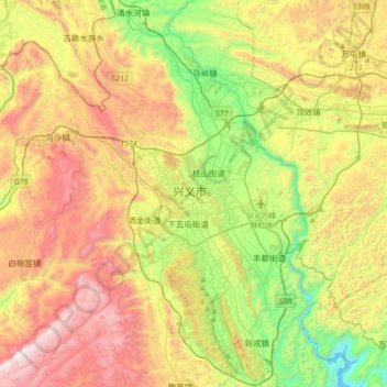 Mapa topográfico Xingyi, altitud, relieve