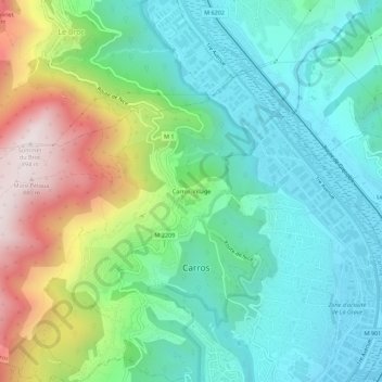 Mapa topográfico Carros-Village, altitud, relieve