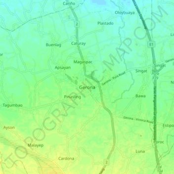 Mapa topográfico Gerona, altitud, relieve