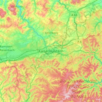 Mapa topográfico Kaiserslautern, altitud, relieve