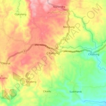 Mapa topográfico Cibaliung, altitud, relieve