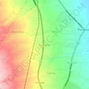 Mapa topográfico Tejowangi, altitud, relieve