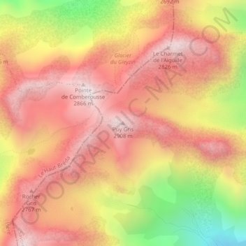 Mapa topográfico Puy Gris, altitud, relieve