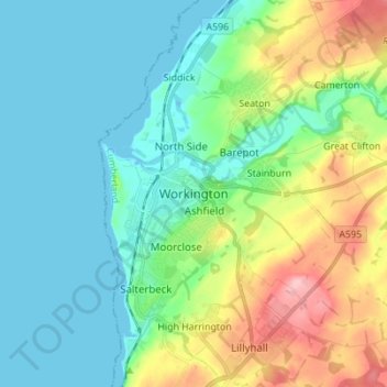 Mapa topográfico Workington, altitud, relieve
