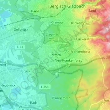 Mapa topográfico Refrath, altitud, relieve