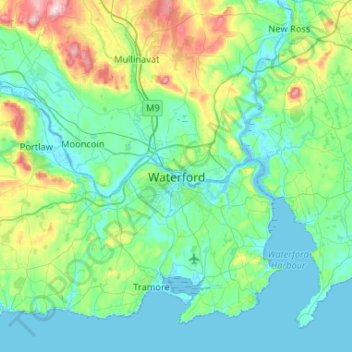 Mapa topográfico Waterford, altitud, relieve