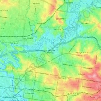 Mapa topográfico Kew East, altitud, relieve