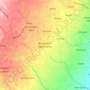 Mapa topográfico Kecamatan Sakra Timur, altitud, relieve