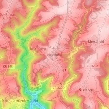 Mapa topográfico Hoscheid, altitud, relieve
