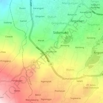 Mapa topográfico Bendosari, altitud, relieve