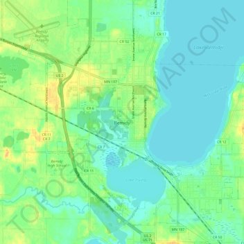Mapa topográfico Bemidji, altitud, relieve