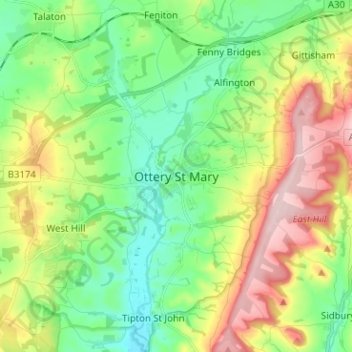 Mapa topográfico Ottery St Mary, altitud, relieve
