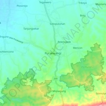 Mapa topográfico Pucakwangi, altitud, relieve