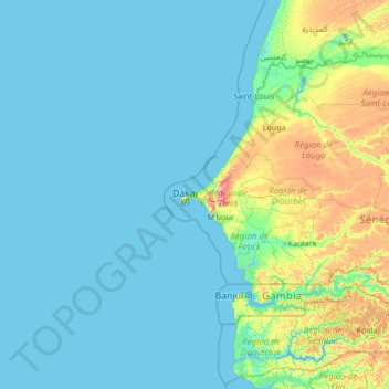 Mapa topográfico Dakar, altitud, relieve