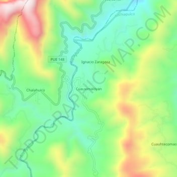 Mapa topográfico Cuauximaloyan, altitud, relieve