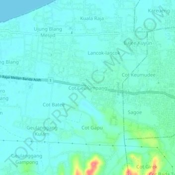 Mapa topográfico Cot Geulumpang, altitud, relieve