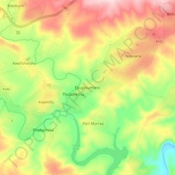 Mapa topográfico Ekuphumleni, altitud, relieve