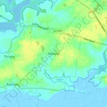 Mapa topográfico Mautby, altitud, relieve