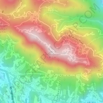 Mapa topográfico Rich Mountain, altitud, relieve