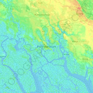 Mapa topográfico Port Harcourt, altitud, relieve