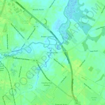 Mapa topográfico Brown Street, altitud, relieve