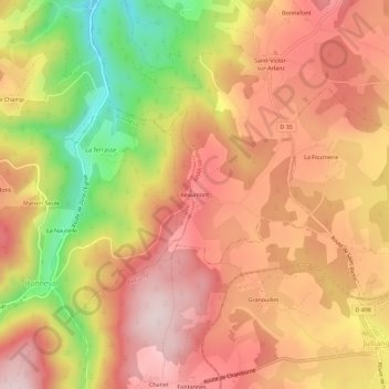 Mapa topográfico Beaumont, altitud, relieve