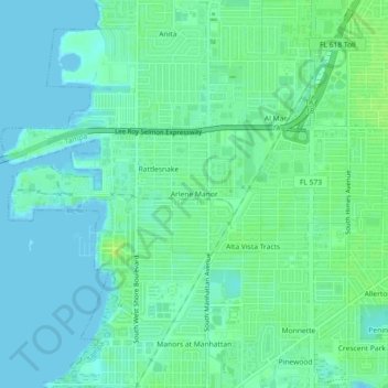 Mapa topográfico Arlene Manor, altitud, relieve
