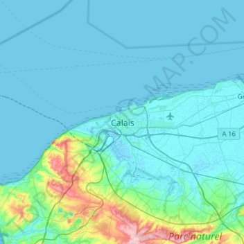 Mapa topográfico Calais, altitud, relieve