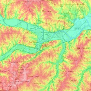 Mapa topográfico Downtown Kansas City, altitud, relieve