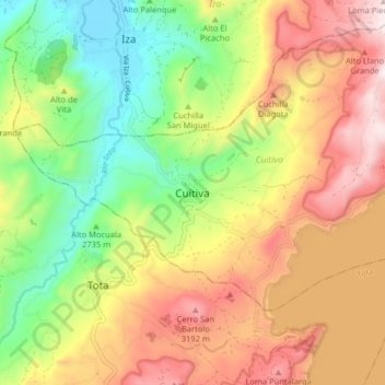 Mapa topográfico Cuítiva, altitud, relieve