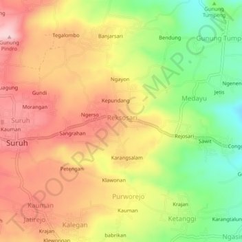 Mapa topográfico Bawangan, altitud, relieve