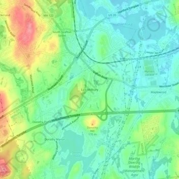 Mapa topográfico East Millbury, altitud, relieve