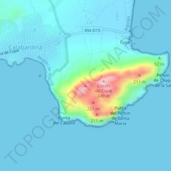 Mapa topográfico Cabo Cope, altitud, relieve