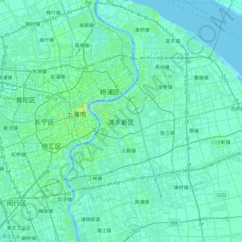 Mapa topográfico Pudong, altitud, relieve
