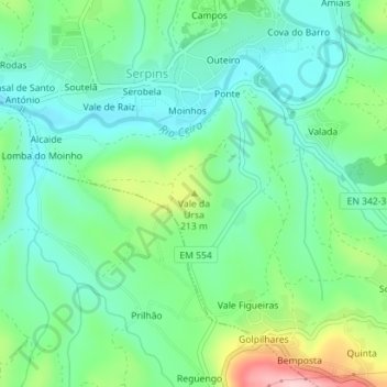 Mapa topográfico Vale da Ursa, altitud, relieve