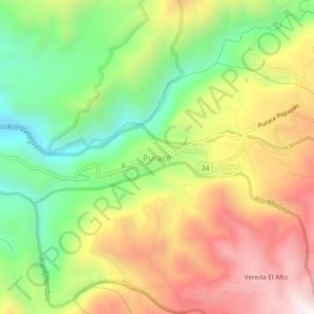 Mapa topográfico Puracé, altitud, relieve