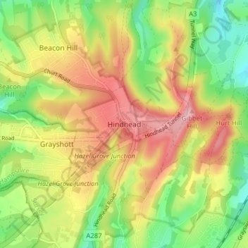 Mapa topográfico Hindhead, altitud, relieve