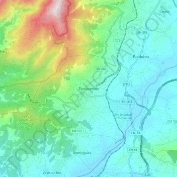 Mapa topográfico Tortosendo, altitud, relieve