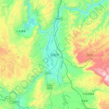 Mapa topográfico Kaiyuan, altitud, relieve